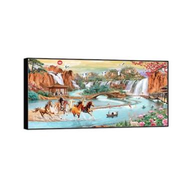 Imagem de Chinoiserie Arte de parede paisagem imagem em tela - Cachoeira Rio Ponte Animais-pintura chinesa - Impressão em moldura preta para decoração de casa 20 x 40 cm 8 x 16 pol