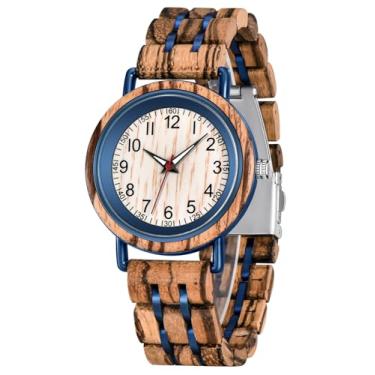 Imagem de Dentily Relógio masculino de madeira elegante de aço inoxidável combinado com movimento de quartzo, marrom e azul, Minimalista