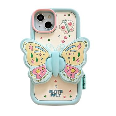 Imagem de YWYUHE Capa de telefone borboleta azul compatível com iPhone 13 Pro Max, linda capa de dopamina coreana 3D com suporte dobrável de asas, capa macia de silicone à prova de choque
