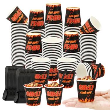 Imagem de 400 peças de decoração de festa Chili Cook off, 200 peças de papel descartável de 85 g Copos de amostra de alimentos e 200 peças de colher de plástico para decorações de chili Cook off Suprimentos de