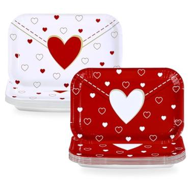 Imagem de Greencian 50 peças de pratos de festa envelope de dia dos namorados, 25,4 x 16,5 cm, coração vermelho, pratos brancos, envelopes, corações vermelhos, travessas de sobremesa descartáveis para