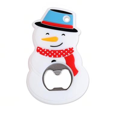 Imagem de Pacote com 4 abridores de garrafas com tema natalino - Removedores magnéticos decorativos de tampas de cerveja, ímãs de geladeira festivos para festas de fim de ano, bar e cozinha (boneco de neve)