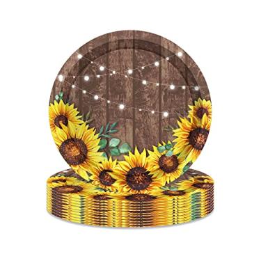 Imagem de Pratos de papel de sobremesa de girassol de grão de madeira de 23 cm – Conjunto de jantar descartável redondo quente de verão para chá de bebê, suprimentos de festa de aniversário, pacote com 24