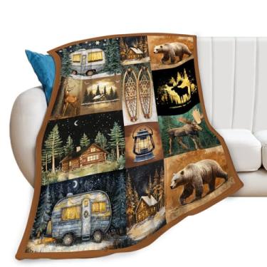 Imagem de Cobertor de acampamento, cabana, urso, cervo, cobertores, presentes para meninas, meninos, crianças, amantes de acampamento, macio, aconchegante, de lã de pelúcia para sofá, cama, 127 x 101 cm