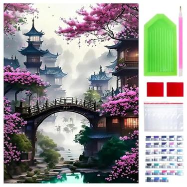 Imagem de Pintura artística de diamante 5D, kits de pintura de diamante redondo DIY ponte no pátio para adultos iniciantes, strass de cristal para presente de decoração de parede de casa, 30 x 40 cm