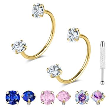 Imagem de G23 Anéis de nariz de titânio ferradura ouro prata 20 g anel de nariz de sapato de cavalo argolas de aço cirúrgico meia cartilagem tragus brinco argola rosca interna dupla zircônia cúbica nariz septo