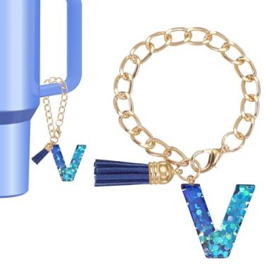 Imagem de Berloque de letras para copo Stanley Tumbler, lindos acessórios com inicial V para chaveiro Stanley Tumbler Handle chaveiro personalizado para mulheres, azul