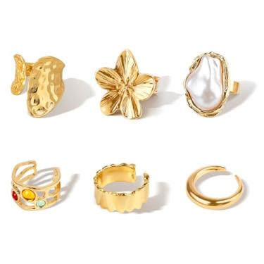 Imagem de Ethanberg Anéis de ouro grossos para mulheres, conjunto de anéis empilháveis ajustáveis abertos para mulheres, anel de junta empilhável de flor de pérola barroca, anel grosso moderno, 6 peças de joias