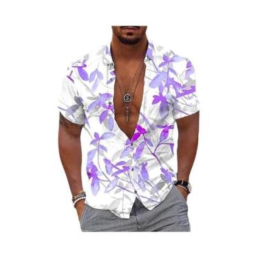 Imagem de Camisa Masculina Estilo Havaiano Com Estampa De Flores Pretas E Dourad