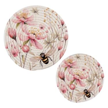 Imagem de Wassud Conjunto de trivet de flores e abelhas para pratos quentes, suportes redondos de algodão, almofadas quentes, porta-copos elegantes, decoração de cozinha e acessórios, 2 peças