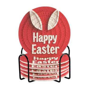 Imagem de Wassud Porta-copos com suporte Happy Easter Coelho Branco Absorvente Conjunto de porta-copos para decoração de casa, proteção de mesa, 6 peças