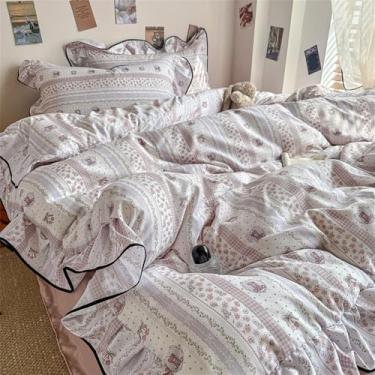 Imagem de XLCZMYL Jogo de cama de malha de fio duplo com babados florais estilo casal king size capa de edredom lençol de cima / elástico, estilo 7, tamanho casal 4 peças