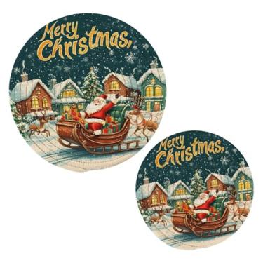 Imagem de Wassud Conjunto de trivet com design de saudação de feliz Natal para pratos quentes, suportes redondos de algodão, almofadas quentes, porta-copos elegantes, decoração de cozinha e acessórios, 2 peças