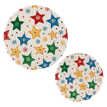 Imagem de Wassud Conjunto de trivet colorido de flocos de neve e estrelas para pratos quentes, suportes de panela redondos, almofadas quentes de algodão, porta-copos elegantes, decoração de cozinha e acessórios