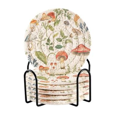 Imagem de SEHANY Conjunto de 6 porta-copos de cogumelos florestais com suporte, porta-copos redondos absorventes de algodão resistente ao calor para mesa de jantar, canecas de café, 10 cm