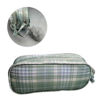 Imagem de Estojo Necessaire Duplo Xadrez Verde com Pompom Escolar Maquiagem Colorido Lápís Material Aula