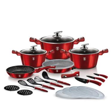 Imagem de Jogo Panelas e Utensílios Antiaderente com Tripla Camada de Mármore 22 peças Burgundy Berlinger Haus