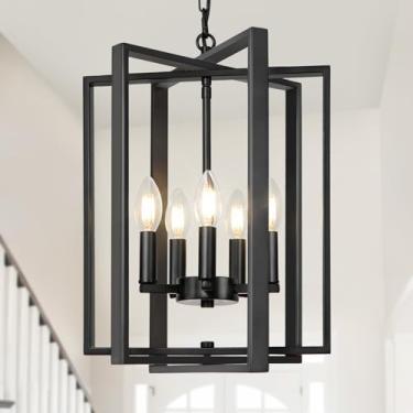 Imagem de LynPon Lustre preto moderno de 31,5 cm, 5 luzes, lustre de casa de fazenda, luminárias de hall de entrada, luminária pendente rústica para sala de jantar, cozinha, sala de estar, quarto, corredor
