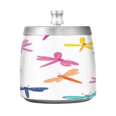 Imagem de Qilmy Cinzeiro fofo de libélulas de desenho animado de aço inoxidável com tampa - Cinzeiro de cigarro à prova de vento sem cheiro sem fumaça para casa, escritório, carro, pátio, varanda (uso interno e