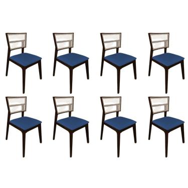 Imagem de Kit 8 Cadeiras De Jantar Tela Premium Madeira Maciça Manuela Azul Veludo Castanho
