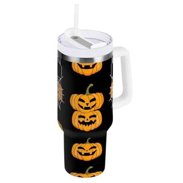 Imagem de ODAWA Copo grande à prova de vazamento, abóboras de Halloween, teias de aranha de aço inoxidável, copos isolados com alça e canudo