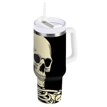 Imagem de ODAWA Caneca com isolamento de lâmpada de esqueleto de 1,134 g com alça e tampa de palha, copos isolados de aço inoxidável