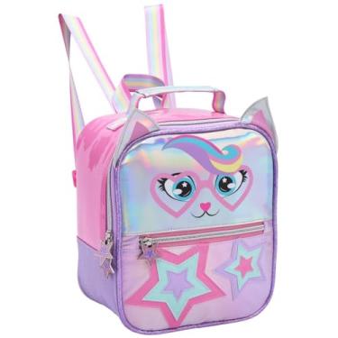 Imagem de Lancheira Térmica Infantil com Alça Ajustável, Design Holográfico, Compartimento Térmico, P/Viagem Passeio Escolar, Criança Menina, Alimento Suco Marmita (Lancheira Térmica Gatinha Estrela)