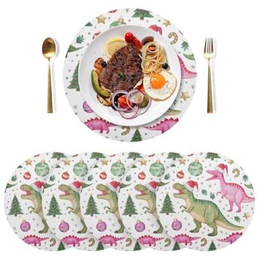 Imagem de Jogo americano redondo branco de dinossauros de Natal, 38 cm, tapete de mesa de jantar, jogo americano moderno PVC à prova de calor, conjunto de 6