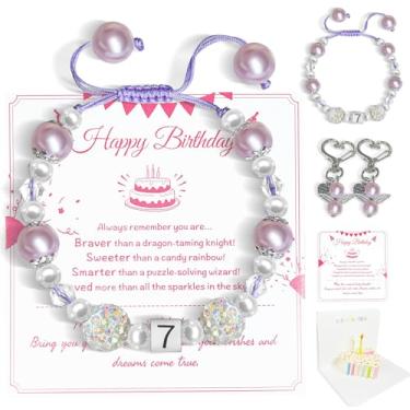 Imagem de ELGLIM Conjunto de presentes de aniversário para meninas com cartão de aniversário 3D, pulseira de pérola ajustável com chaveiro para 3, 4, 5, 6, 7 e 8 anos, presentes de aniversário para filha, neta