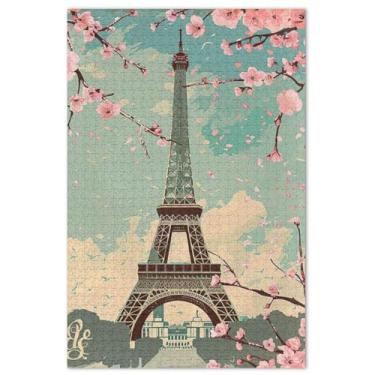Imagem de Quebra-cabeça adulto Eiffel Paris flores de cerejeira 500 peças presentes família elefante branco quebra-cabeça cena outono pintura artística