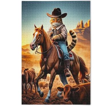 Imagem de Cat Cowboy Horse Tropical Desert Jigsaw Puzzle 1000 Pieces for Adults, Fun White Elephants Gifts Difficult Jigsaw Puzzles Animal Floral Artwork, 1000 Pieces, 29.5" x 19.7"