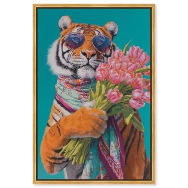 Imagem de Arte de parede glamorosa com estampa de tigre com buquê de animais de estimação por Art Remedy, moldura dourada, 40,6 x 61 cm