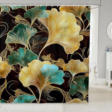 Imagem de Cortina de chuveiro tie dye folhas de ginkgo aquarela verde amarelo decoração cortina de banheiro para crianças adolescentes adultos amarelo dourado espiral geométrico plantas cortina de banho para