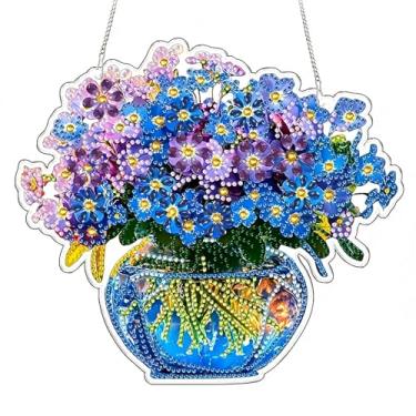 Imagem de IASINN Flores azuis e vaso diamante pintura pingente 5D kits de pintura arte diamante para adultos iniciantes, forma especial cristal diamante artesanato ornamento pendurado sinal para casa parede