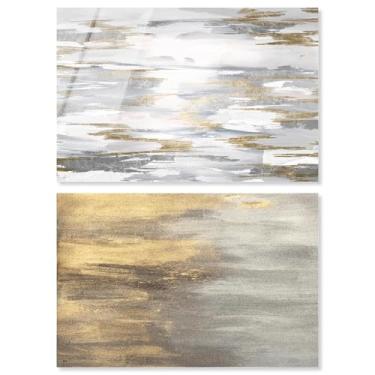 Imagem de Conjunto de 2 arte de parede de sala de estar com impressão acrílica abstratos de luxo neutro da Art Remedy, pronto para pendurar, 76 x 50 cm