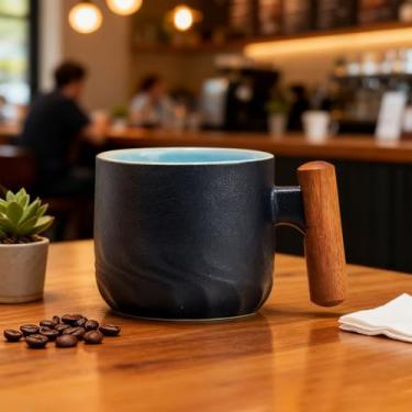 Imagem de Xícaras de café expresso de cerâmica de 80 ml com cabo de madeira xícaras de chá de cerâmica xícaras de café expresso xícaras de porcelana Demitasse para café ou chá