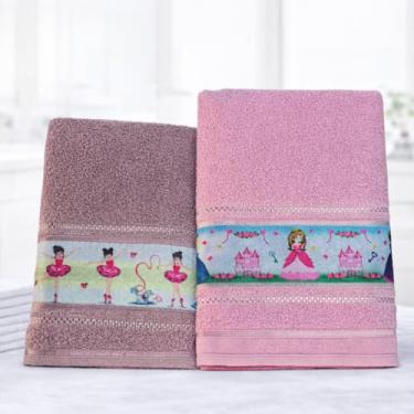 Imagem de KIT 2 Toalhas de Banho Infantil Felpuda Para Criança Com Faixa Decorada (Menina - Rosa Princesa e Cetim Bailarina)