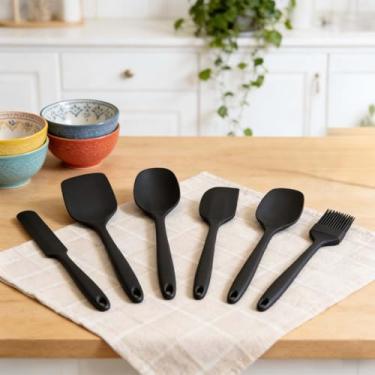 Imagem de Conjunto de 6 espátulas de borracha, raspador de tigela de silicone e colher de espátula plana para cozinha, utensílios de cozinha flexíveis resistentes ao calor (preto)