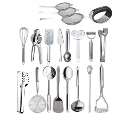 Imagem de Kit Utensílios de Cozinha Inox 15 Peças Completo | Pegador Concha Colher Espátula Ralador (Kit 20 peças)
