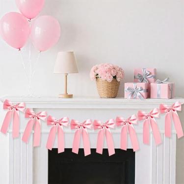 Imagem de Faixa de guirlanda de laço rosa, decorações de festa com arco pré-amarrado para aniversário com tema de laço, despedida de solteira, chá de panela, decoração de chá de bebê (rosa)