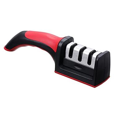 Imagem de GLOGLOW Afiador de Faca Manual Com 3 Ranhuras, Ferramenta de Cozinha de Aço Inoxidável para Casa e Restaurante, Ferramentas de Cozinha (Vermelho)
