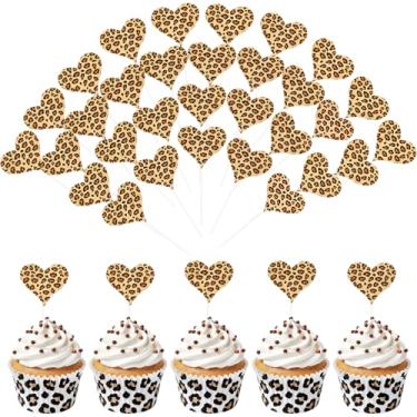 Imagem de LLMSIX 36 peças de topos de cupcake de leopardo, topos de cupcake com estampa de guepardo, topo de cupcake com estampa de coração de animal para chá de bebê, despedida de solteira, tema animal