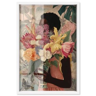 Imagem de Woman Basked in Flowers Shadowbox Print Floral Glam Wall Art por Art Remedy, moldura branca, 28 x 40 cm