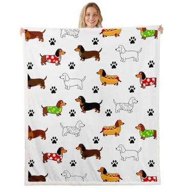 Imagem de Cobertor de flanela de cachorro Dachshund, desenho animado filhote de cachorro com estampa de graffiti quarto sala de estar lã macia e aconchegante, cobertores de animais de fazenda aquarela