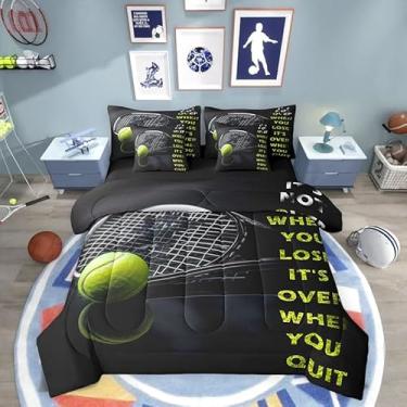 Imagem de Conjunto de cama esportiva de tênis em uma bolsa, 7 peças, citações inspiradoras, graffiti, preto, raquete de tênis, bola esportiva moderna, estampa 3D, edredom com elástico, lençol de cima, fronha
