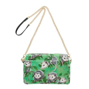 Imagem de Joitme Bolsa de ombro feminina, bolsa tiracolo fofa, gambá, ramos, verde, bolsa de ombro de couro PU com alça de corrente