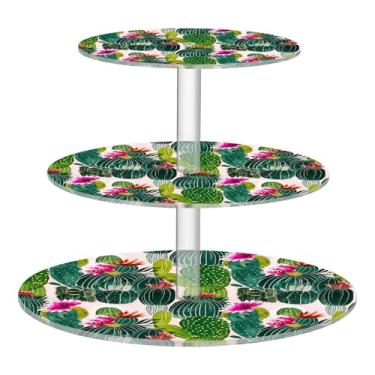 Imagem de Cactus Plants Flower Tea Party Cupcake Stand 3 camadas redondo acrílico copo bolo torre suporte para servir bandeja de mesa de doces suporte de exibição de chá de bebê desenho animado