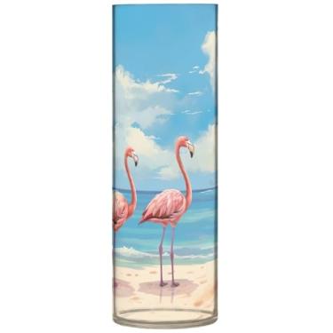 Imagem de Flamingos Aquarela Praia Vasos Altos para Flores Vaso Cilindro Buquê de Flores Centro de Mesa Decorações, 30 cm x 9,9 cm