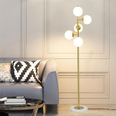 Imagem de Luminária de chão criativa com múltiplas lâmpadas e cúpula de vidro branco, ideal para leitura em ambientes internos. Perfeita para salas de estar e quartos, possui base de mármore e interru