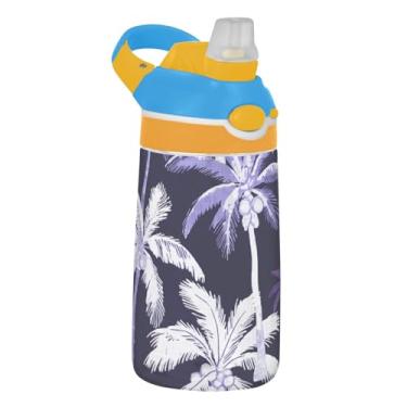 Imagem de Garrafa de água esportiva Tritan infantil de 473 ml com tampa de palha, garrafa de água portátil de 473 ml, copo infantil reutilizável à prova de vazamento, alça de transporte, pintura de palmeiras